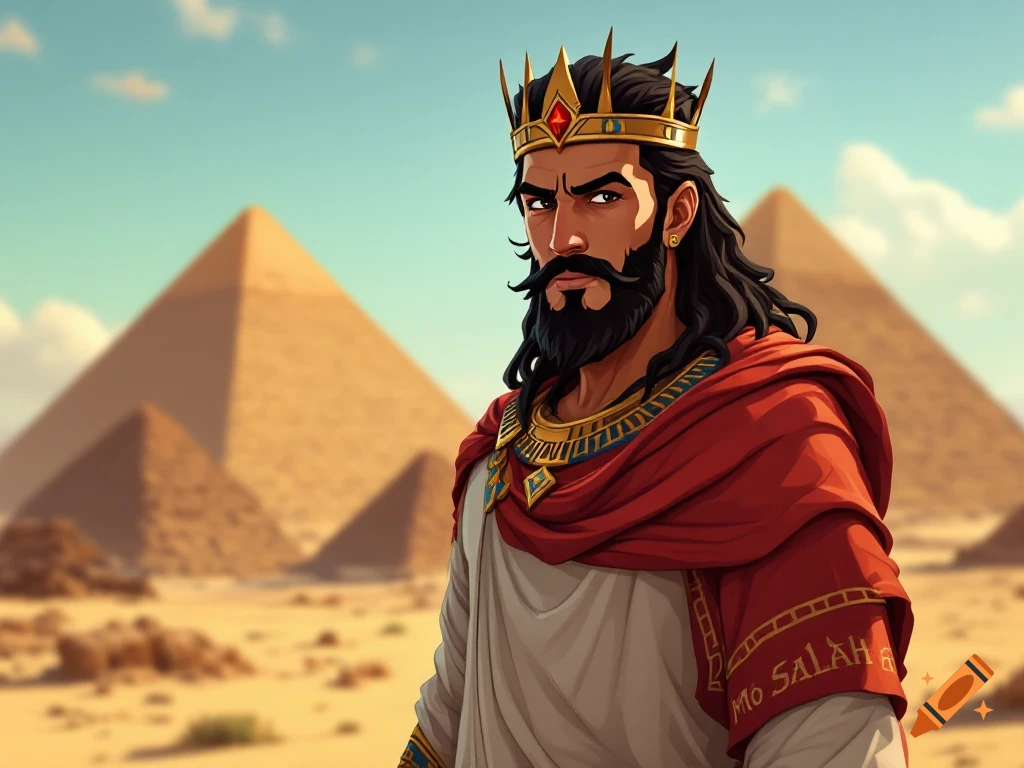 Cartoon drawing of an Egyptian king with a beard and crown standing in front of pyramids.