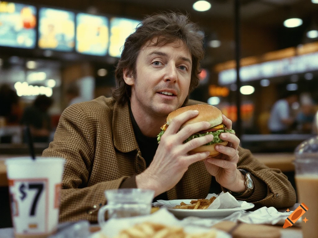 Man resembling Paul McCartney eating a burger and fries in a restaurant