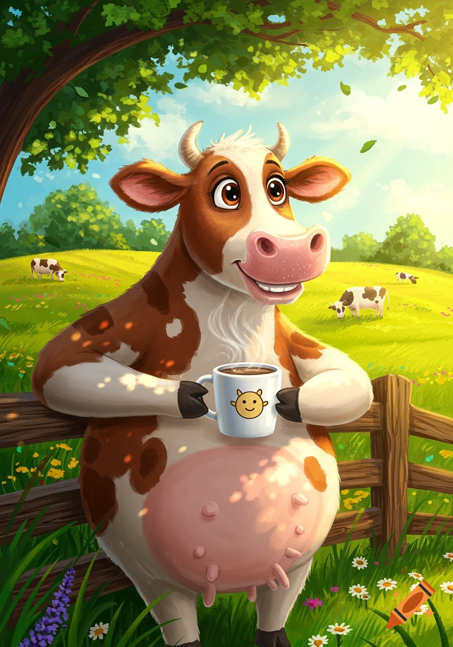 Cartoon cow holding a coffee mug in a sunny field with other cows.