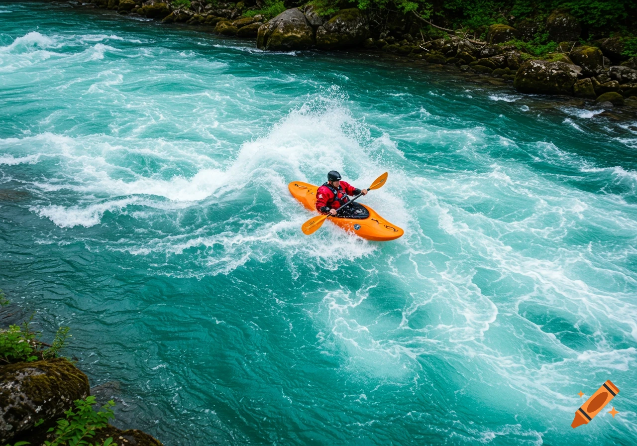 A person in an orange kayak paddles through turbulent turquoise river water.