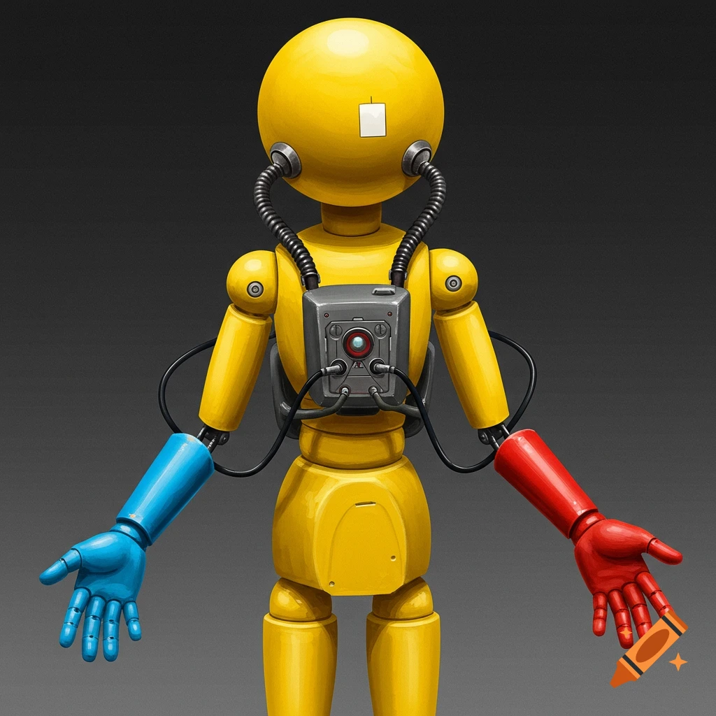 Yellow mannequin robot with backpack device, blue hand, and red hand