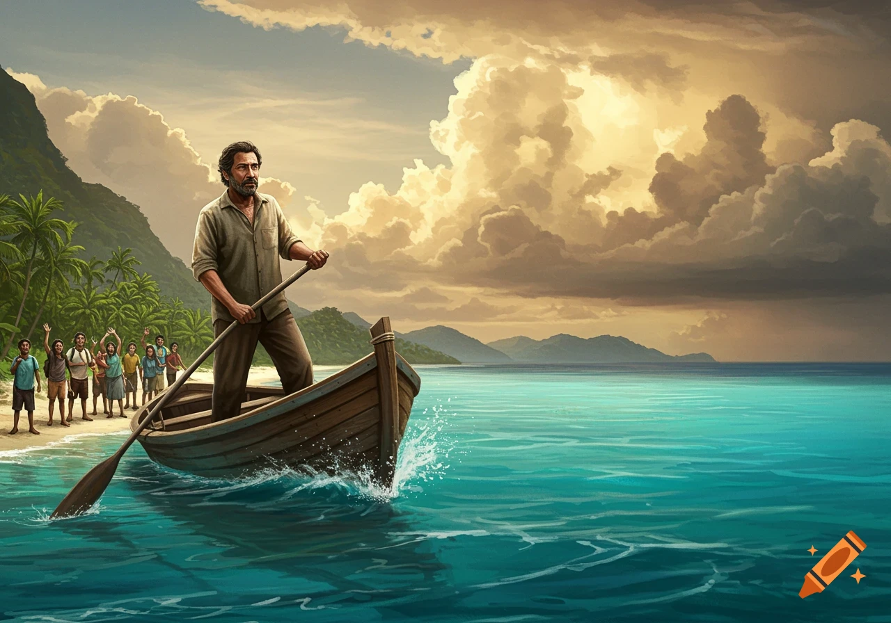 A man paddles a boat towards a tropical beach where people wave under a dramatic sky. Digital illustration.