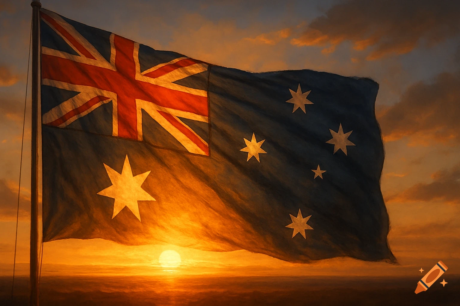 Australian flag flying at sunrise over the water.