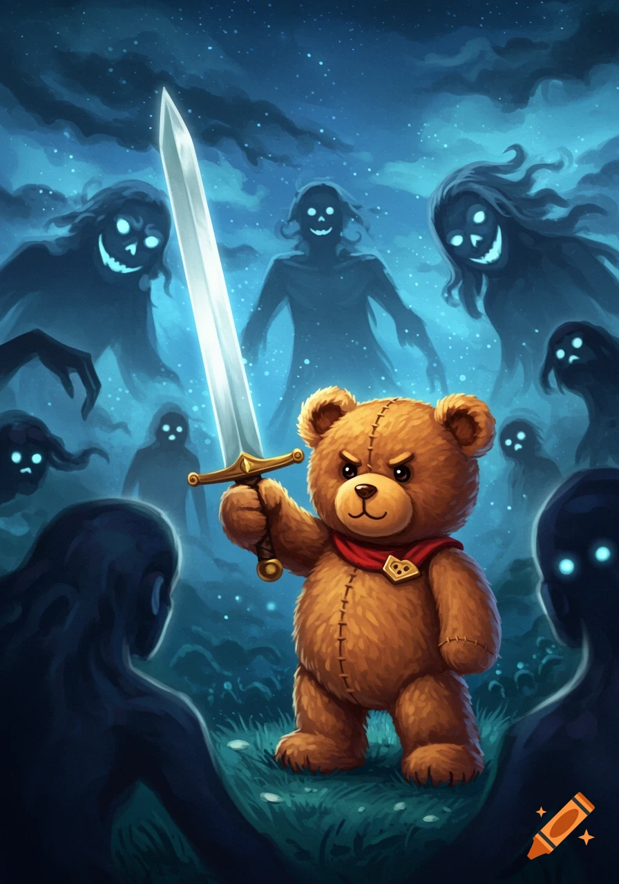 Illustration of a brave teddy bear holding a sword, facing off against shadowy nightmare figures under a starry sky.