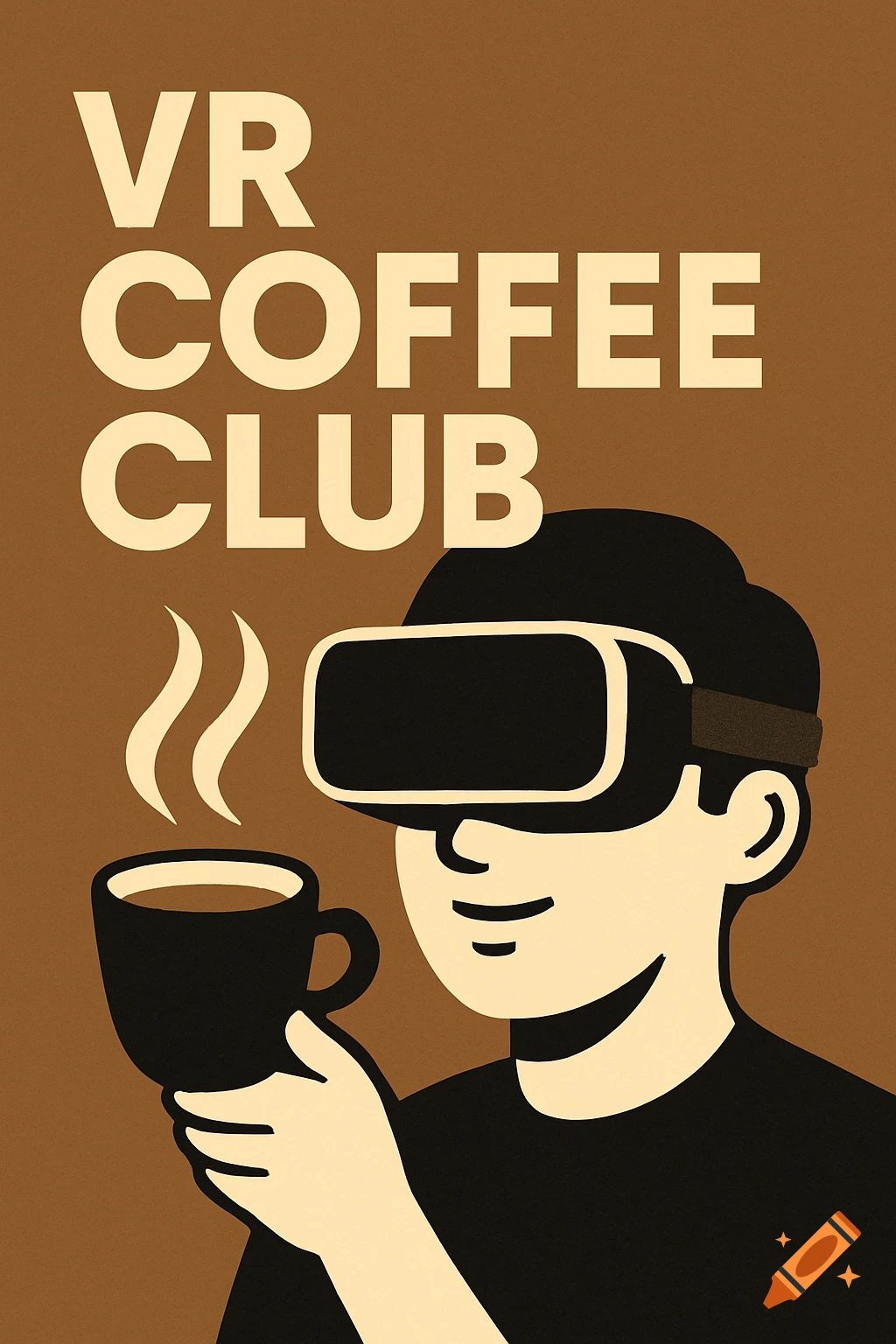 Stylized illustration of a person with a VR headset holding a coffee cup, with text "VR COFFEE CLUB".