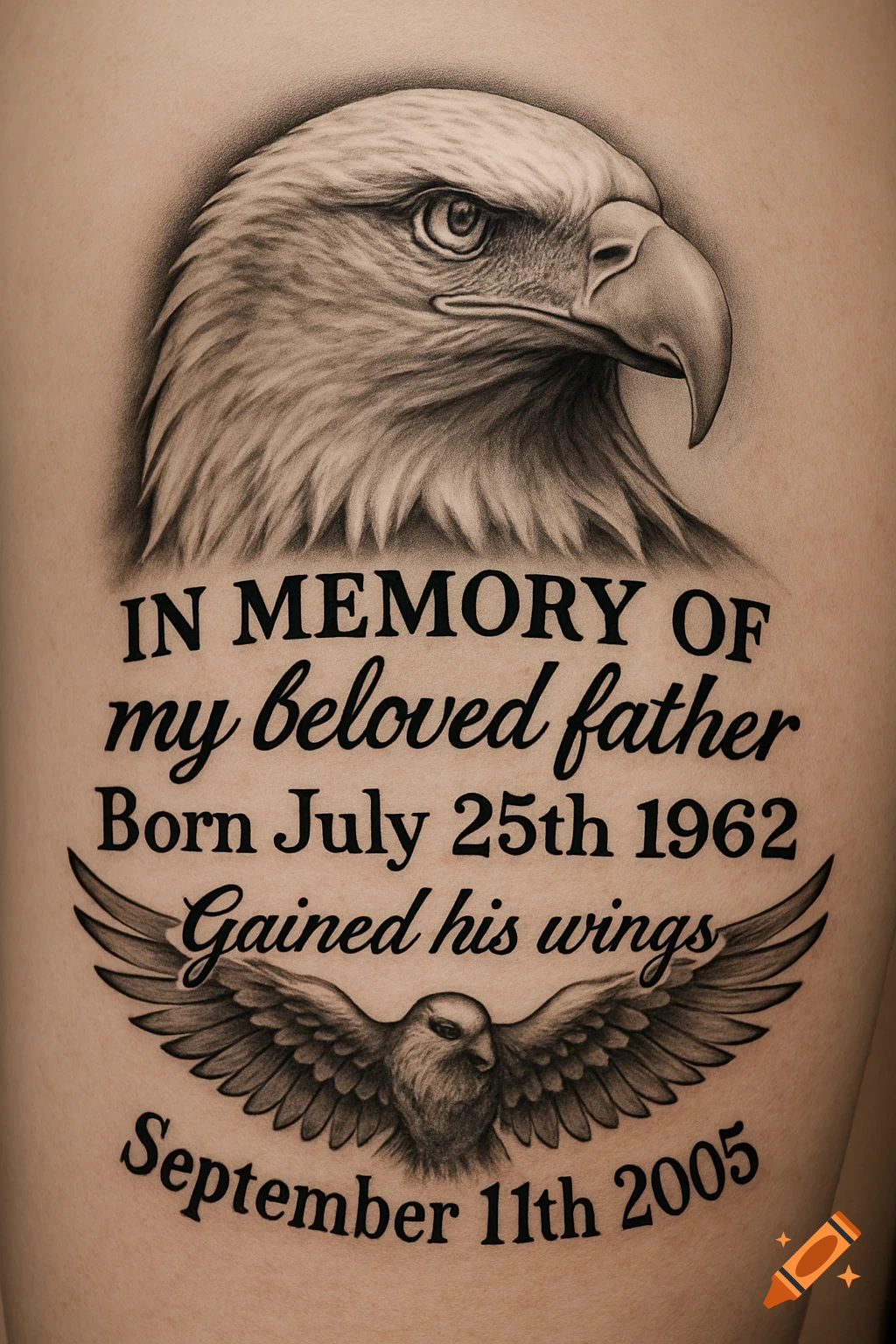 Close-up of a black and grey tattoo featuring a bald eagle head, memorial text, and a smaller eagle with wings spread.