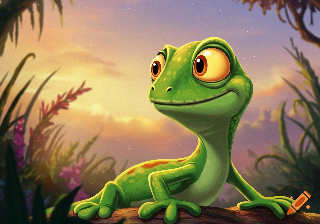 A cartoon green lizard sits on a log at sunset.