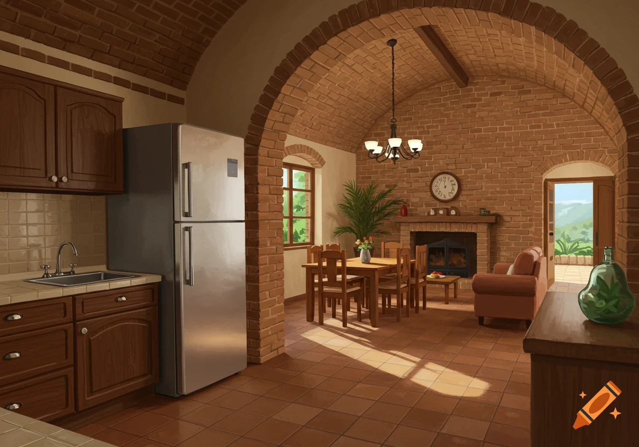 Interior view of an open concept kitchen and dining area in a brick hacienda with vaulted ceilings and natural light.