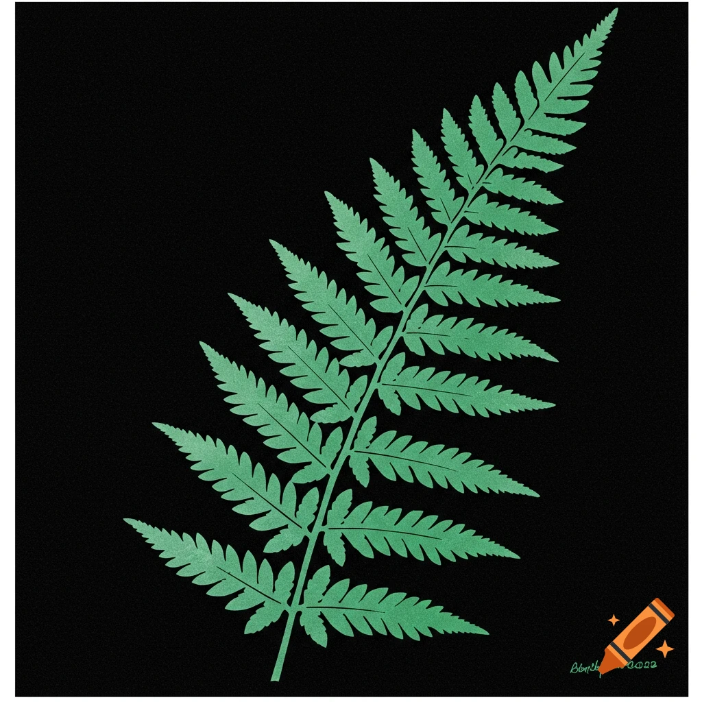 A green stencil-style illustration of a fern leaf on a black background.