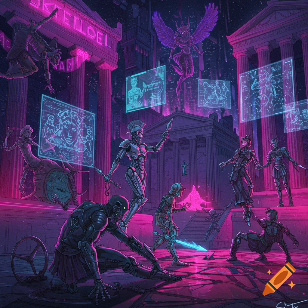 Robotic figures in a neon pink and blue cyberpunk city with classical Greek architecture and glowing holographic screens.