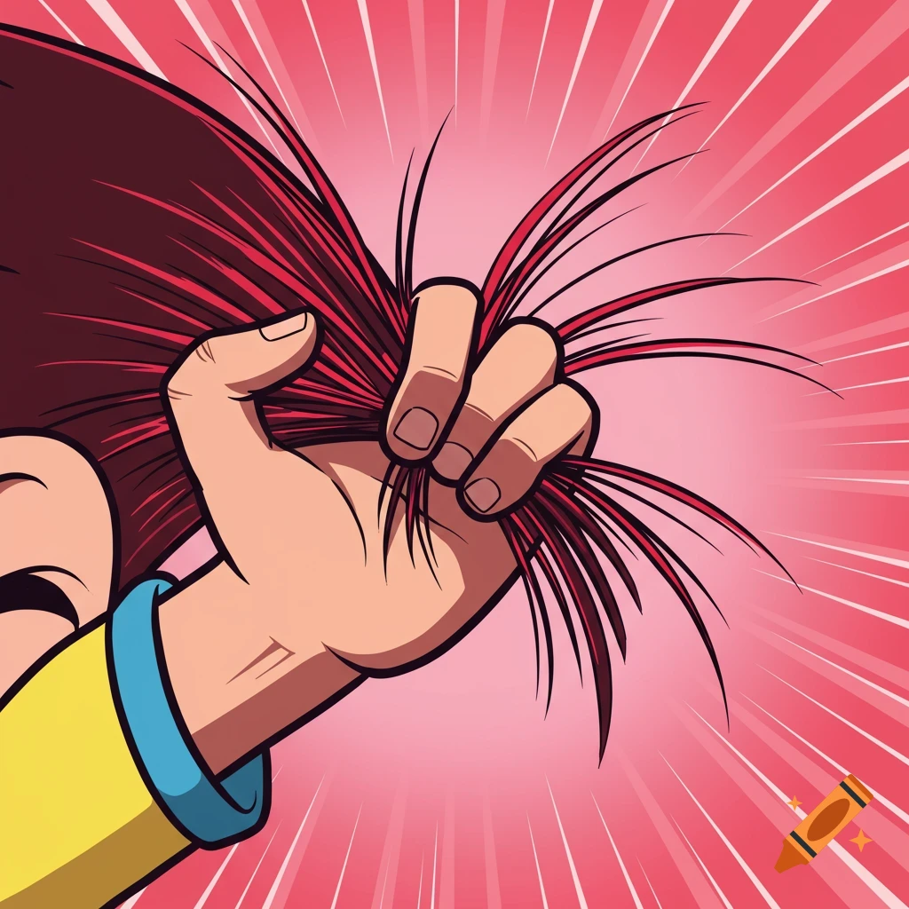 Cartoon illustration of a hand pulling a clump of red hair.