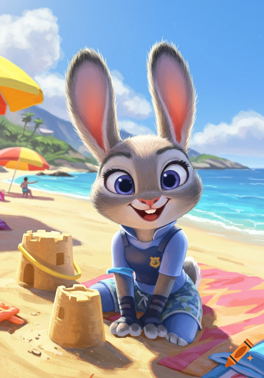 Judy Hopps from Zootopia plays with sandcastles on a sunny beach.