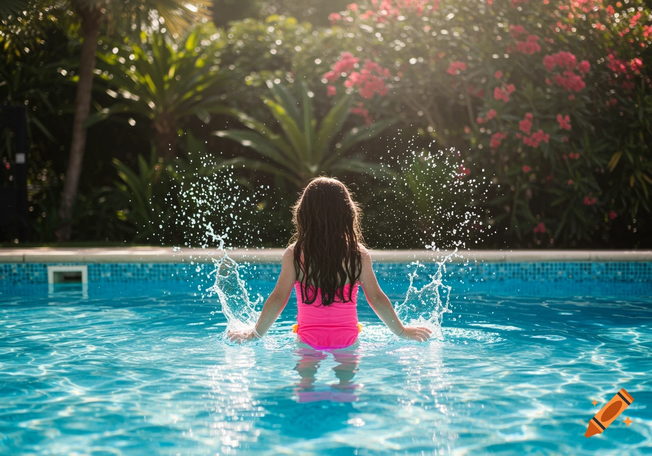 Girl splashing water in a swimming pool on a sunny day