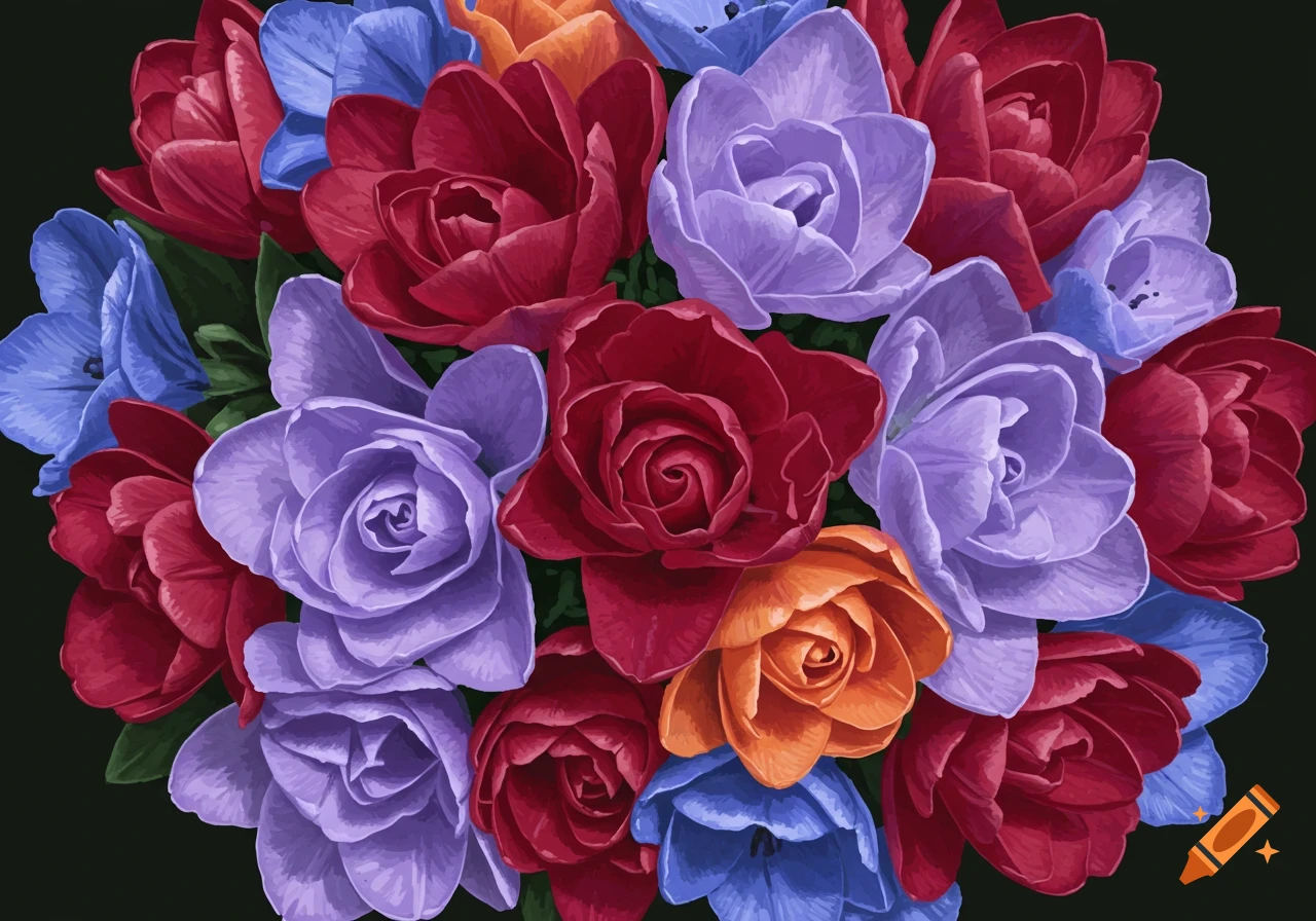 A bouquet of red, light purple, blue, and orange flowers seen from above.