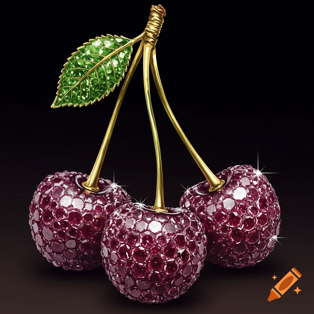 Three cherries covered in diamond facets with golden stems and leaf on a dark background.