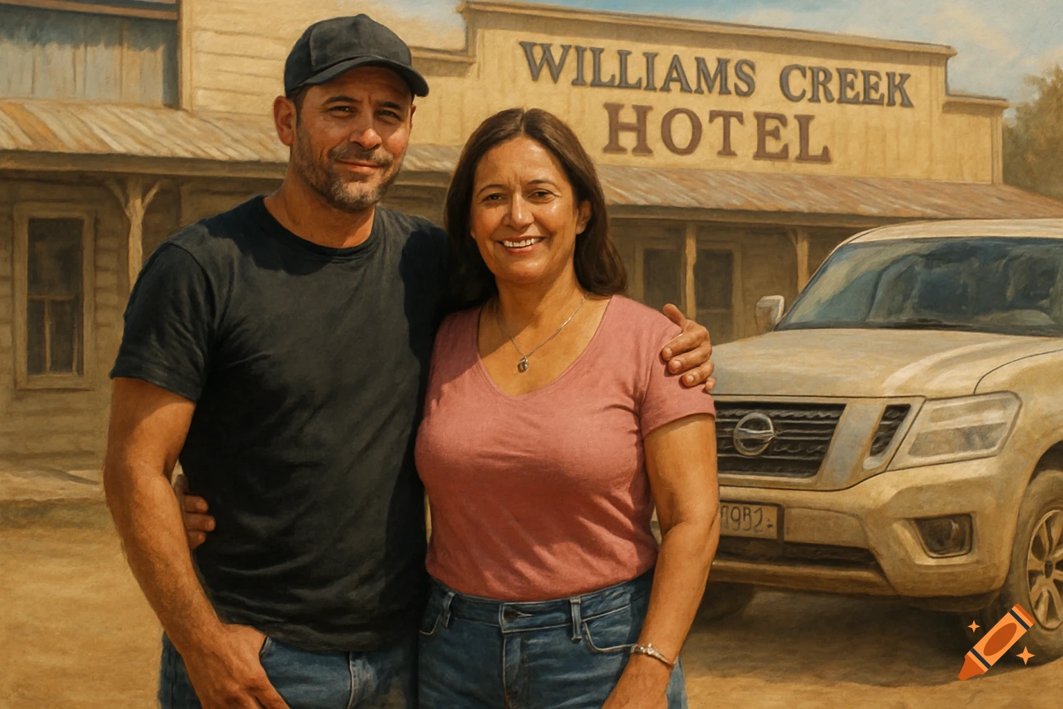 A couple stands in front of the Williams Creek Hotel and a Nissan Patrol.