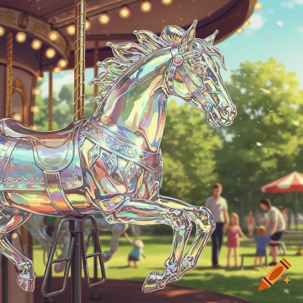 An iridescent glass carousel horse in a sunny park with blurred people in the background.