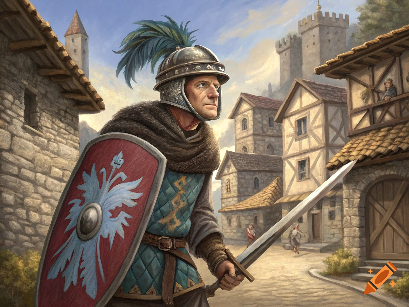 Illustration of a man in medieval armor, holding a shield and sword, standing in a town square.