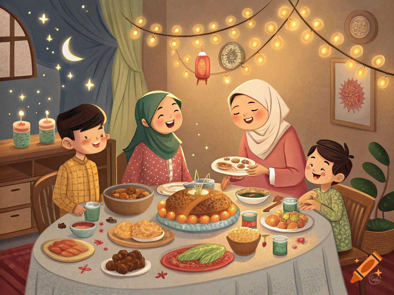 Illustrative scene of a family eating a meal around a table under string lights, with the moon and stars visible outside.