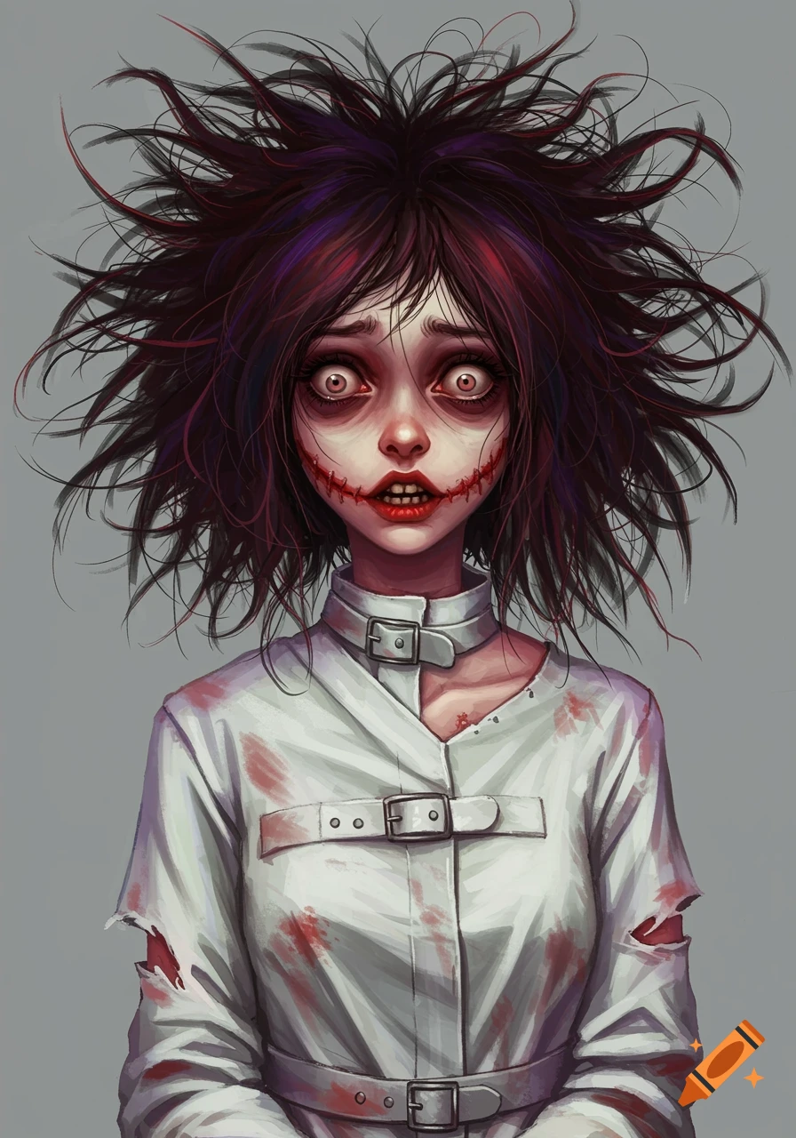 Creepy portrait of a girl in a blood-stained straitjacket with wild hair and a stitched mouth.