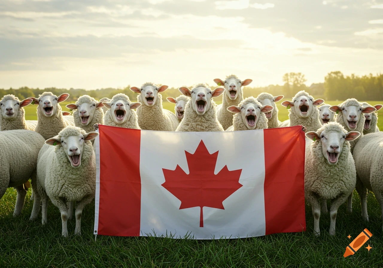 A group of sheep with wide-open mouths stands behind a Canadian flag in a field.