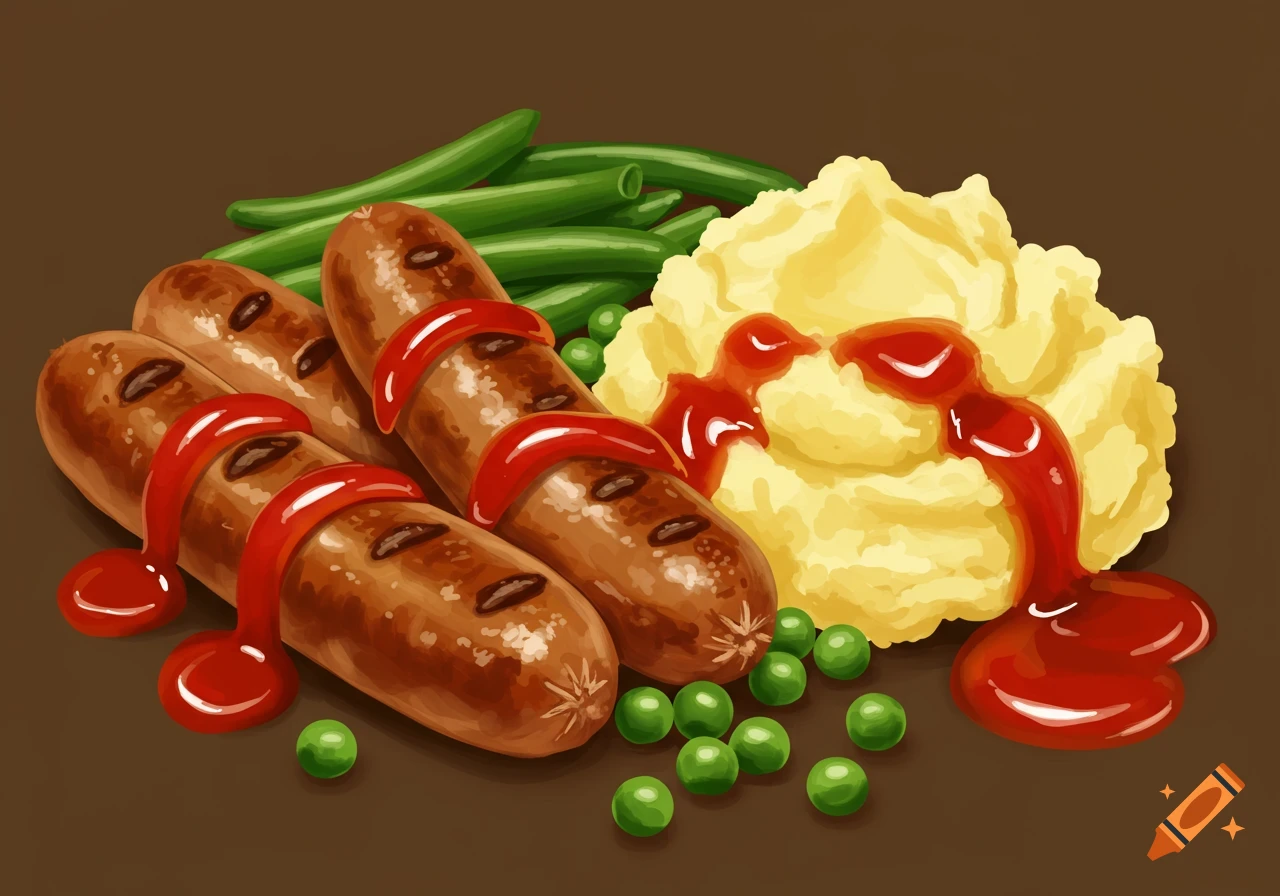 Sausages, mashed potato, green beans, and peas covered in ketchup in a digital painting style.