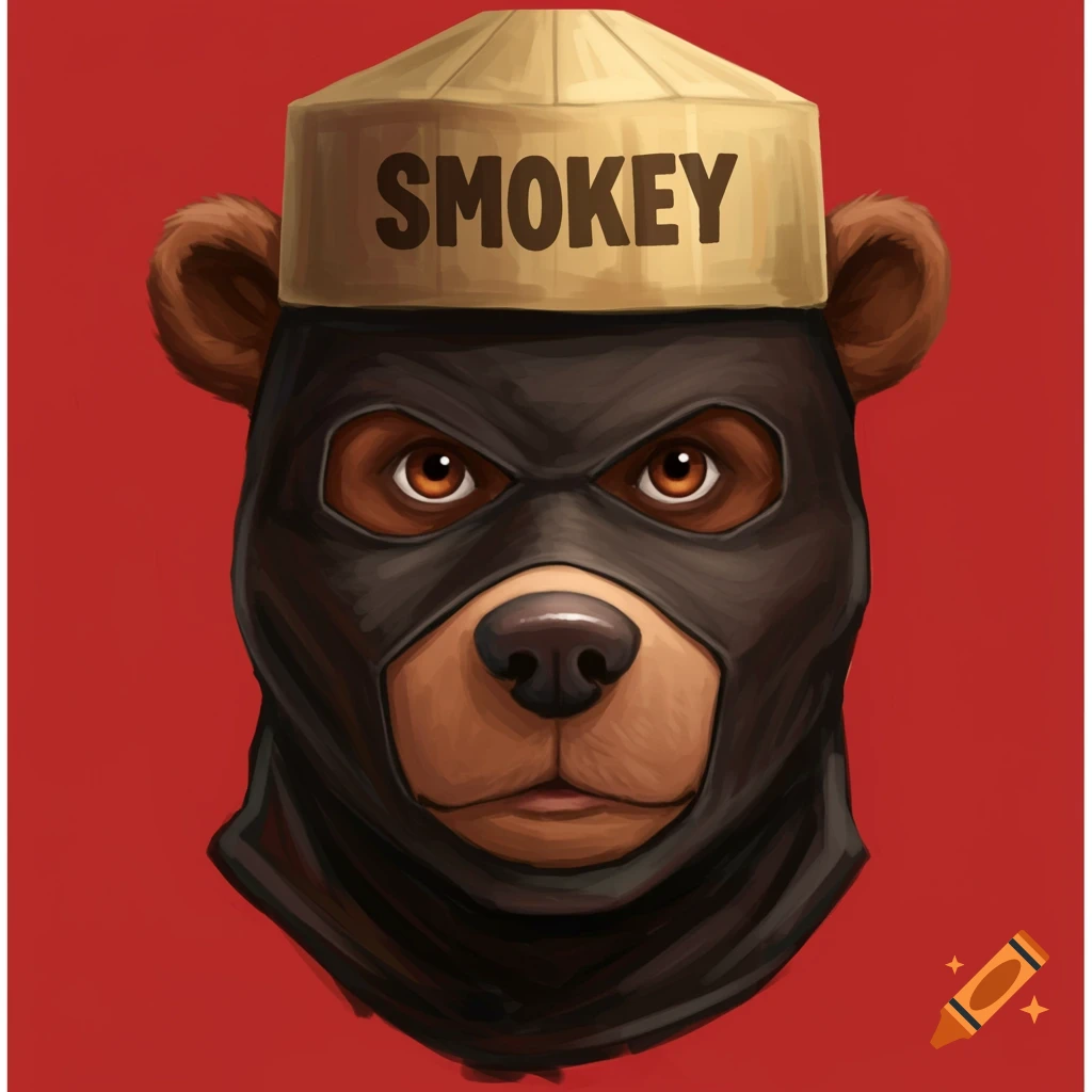 Close-up digital painting of Smokey the Bear wearing a balaclava and his hat with 'SMOKEY'.
