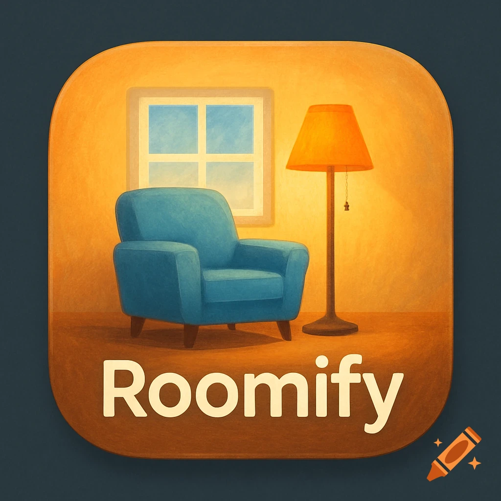 App icon with a blue armchair, lamp, and window, featuring the text 'Roomify'.