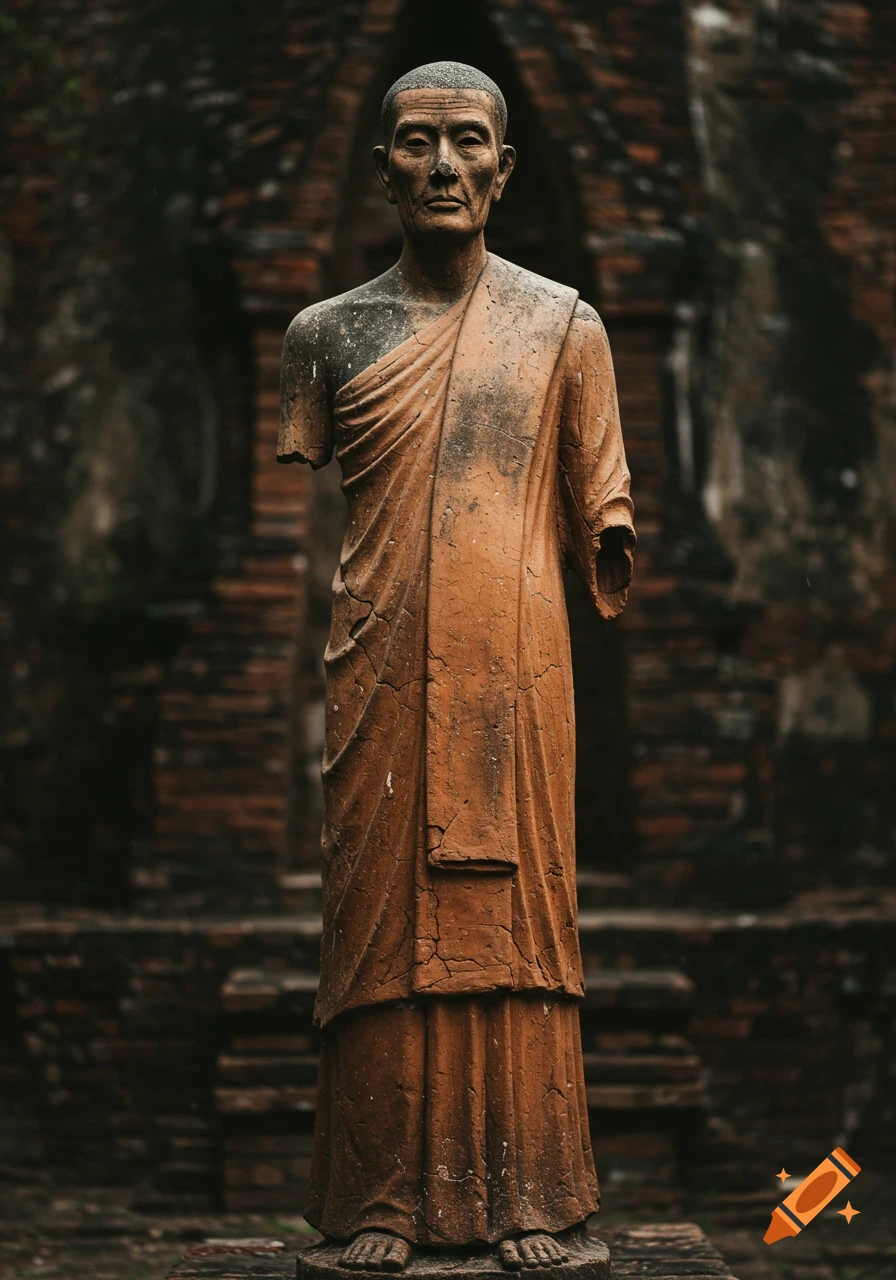 Weathered stone statue of a monk with missing arms stands before blurred ruins.