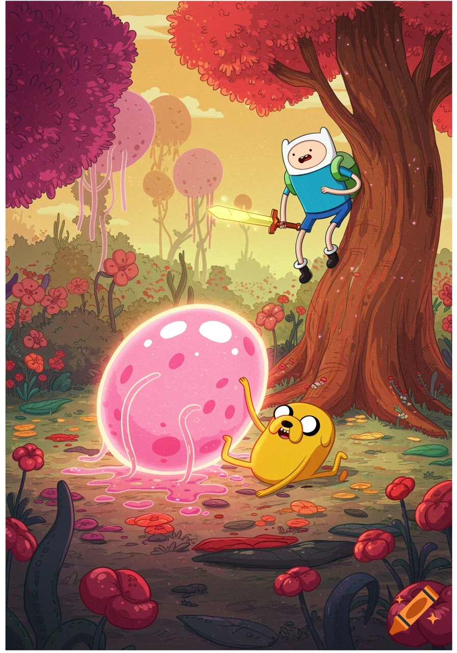 Finn with a sword and Jake looking at a glowing pink egg in a fantasy forest cartoon.