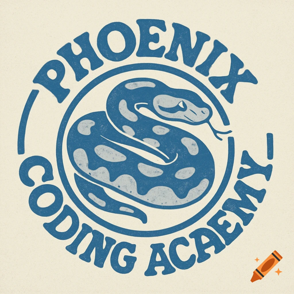 Blue logo with a coiled snake and the text 'Phoenix Coding Academy'.