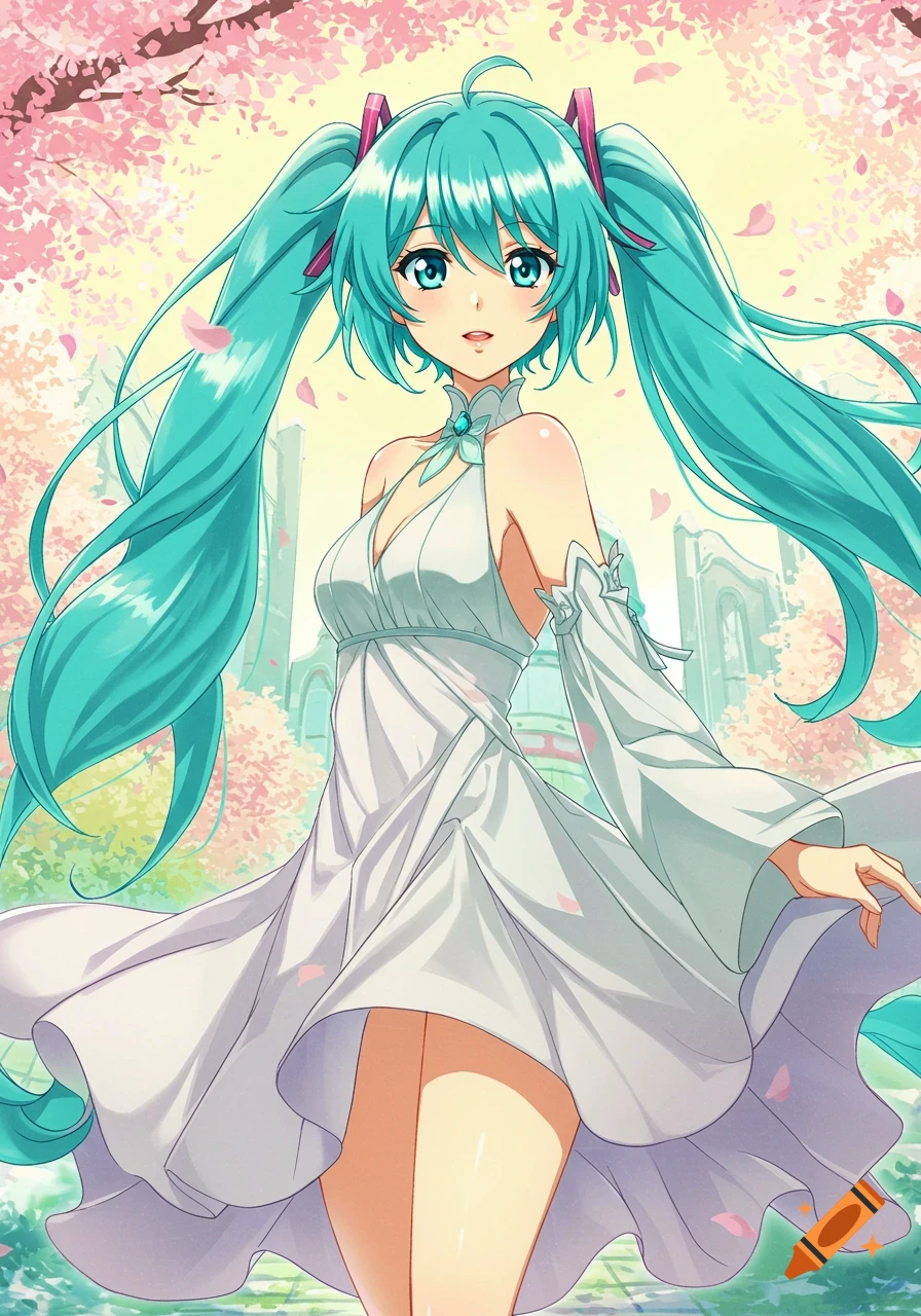 An anime girl with long teal hair in a white flowing dress stands in a spring cherry blossom scene.