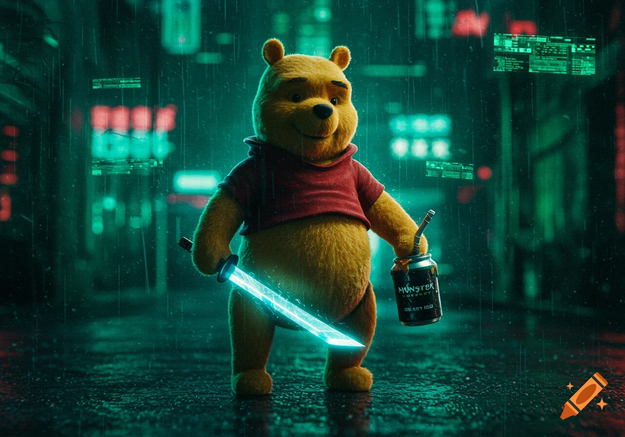 Photorealistic Winnie the Pooh in a rainy cyberpunk city holding a glowing sword and an energy drink.