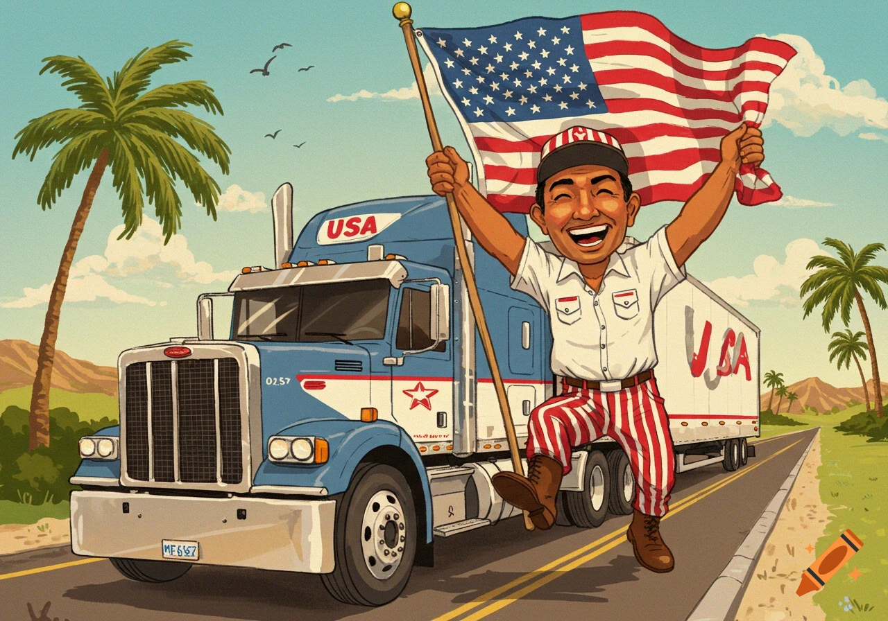 A cartoon illustration of a happy man next to a truck, waving an American flag on a road with palm trees.