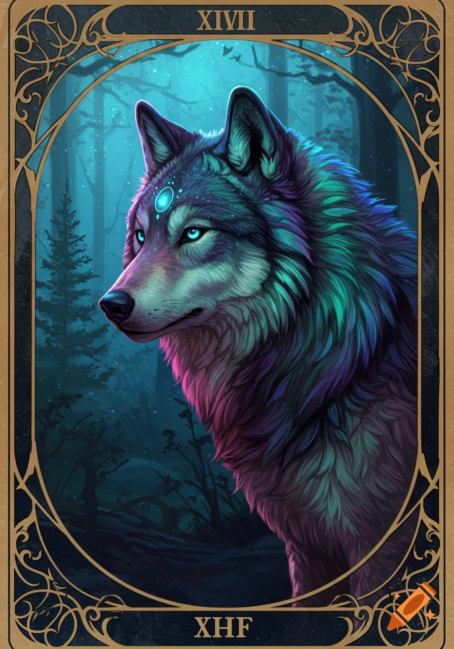 Tarot card featuring a mystical wolf with glowing eyes in a forest