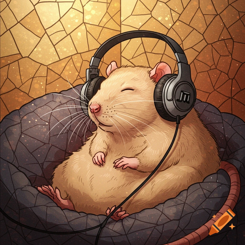 An illustrated rat relaxes in a basket, listening to music with ...