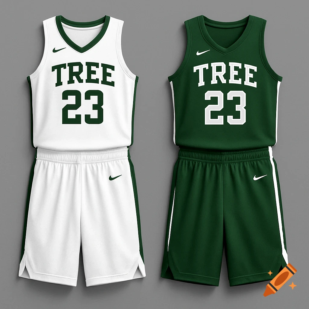Two basketball uniforms, one white and one green, with TREE 23