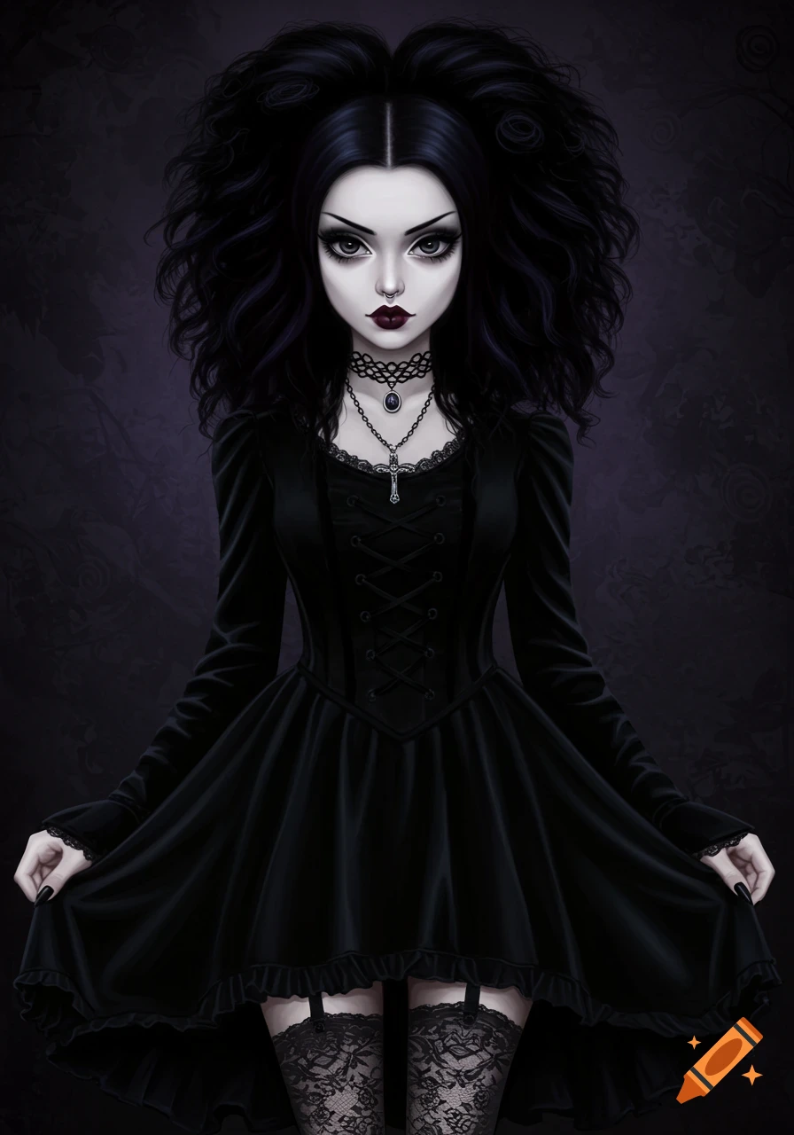 A goth girl in a black dress and lace stockings.