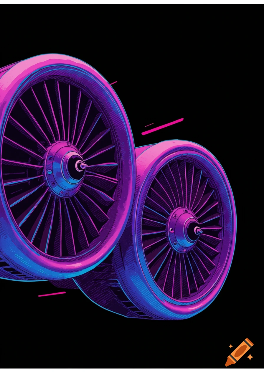 Two stylized pink and blue turbofan engines on black in a 90s graphic style