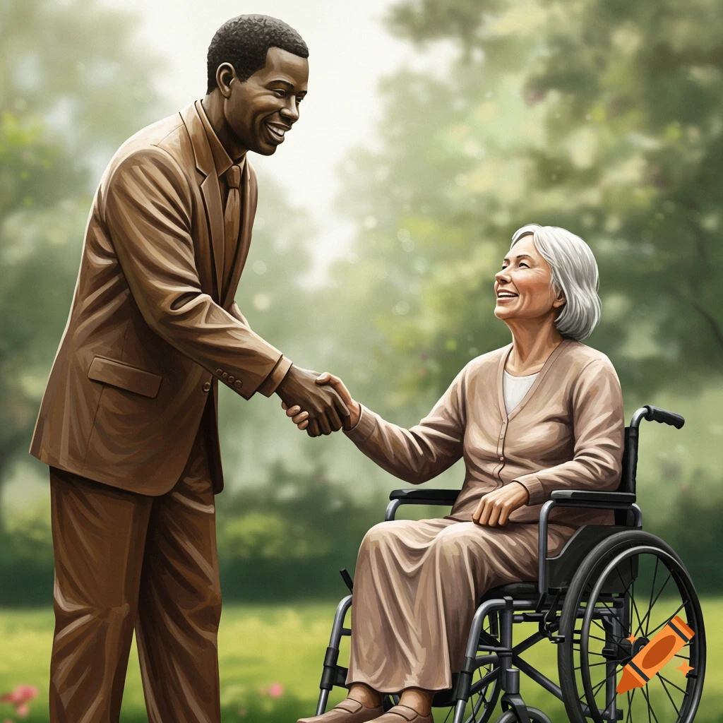 A man shakes hands with an older woman in a wheelchair in a park.