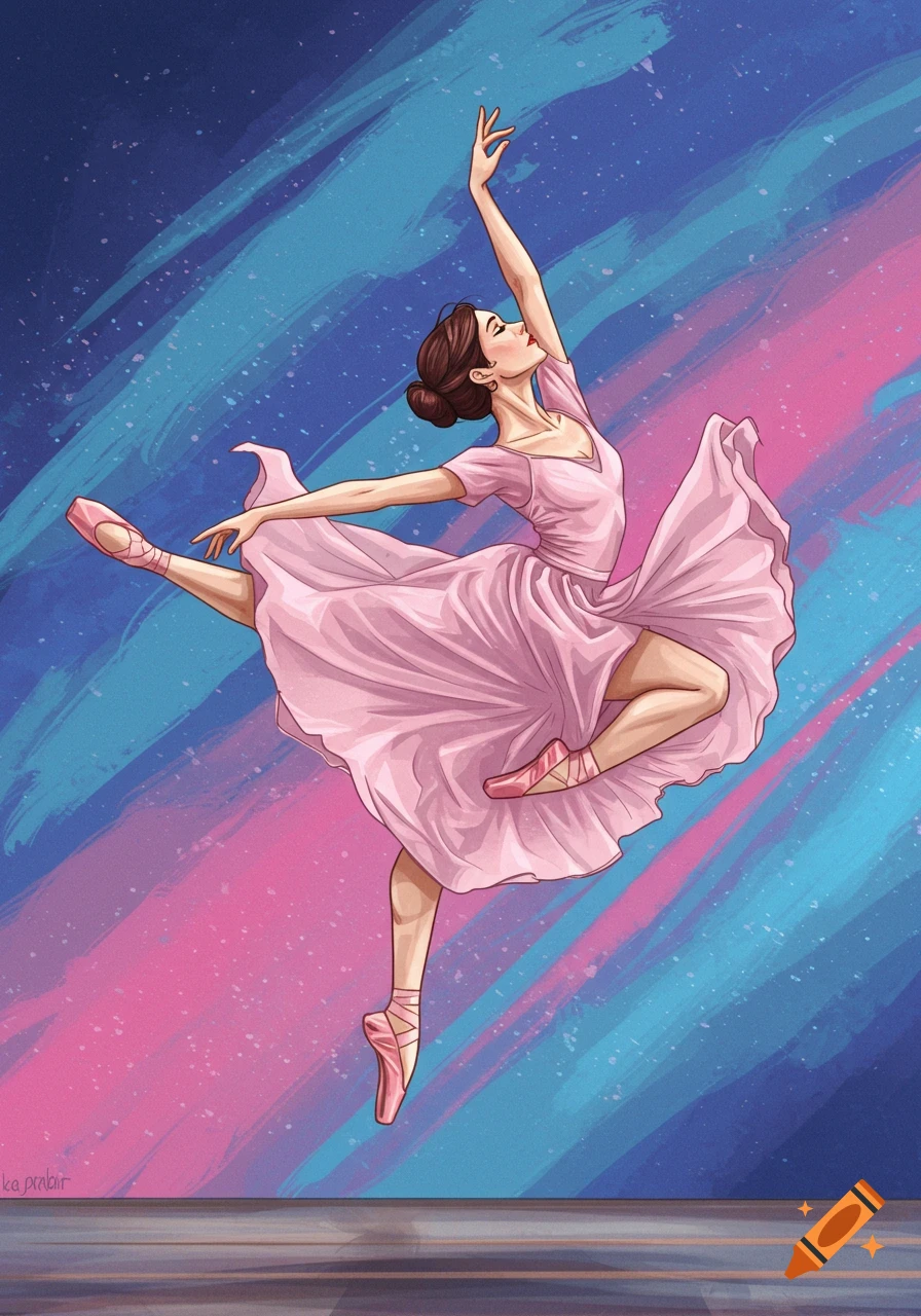 Illustration of a ballerina in a pink dress dancing against a brushstroke background of blue and pink.