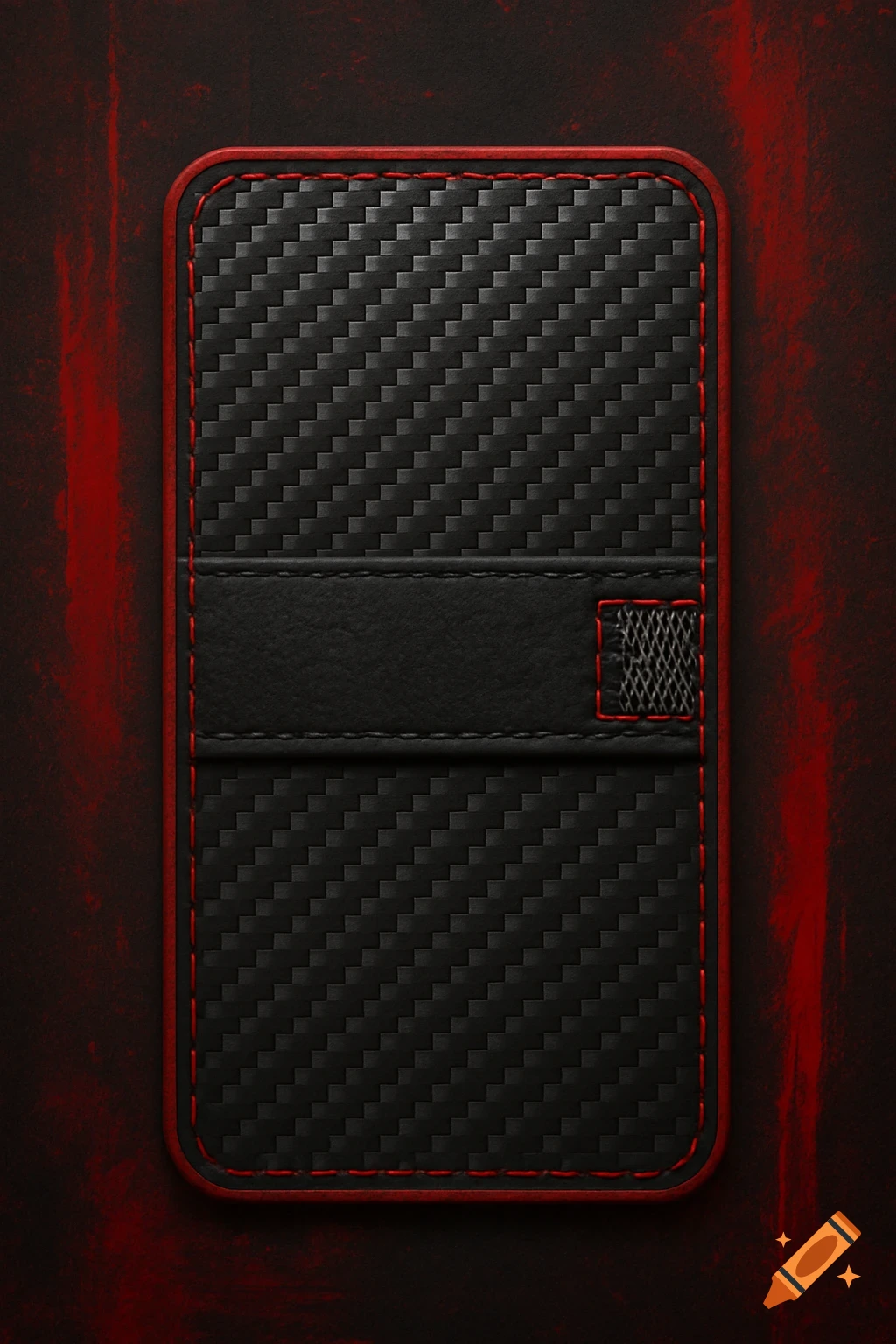 Close-up of black carbon fiber with red stitching, black leather strap, and wire mesh detail on a dark red streaky background.