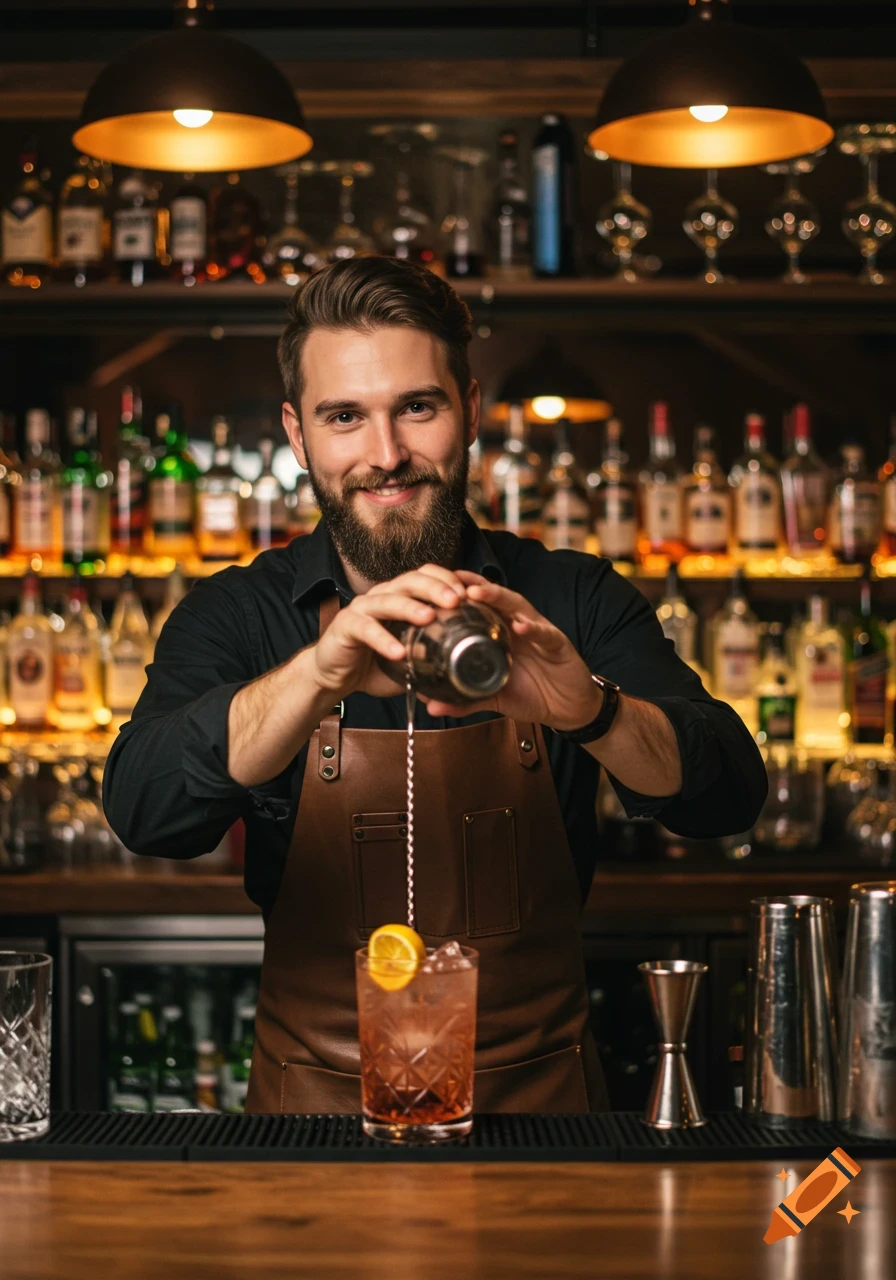 A smiling bartender mixing a cocktail at a bar.