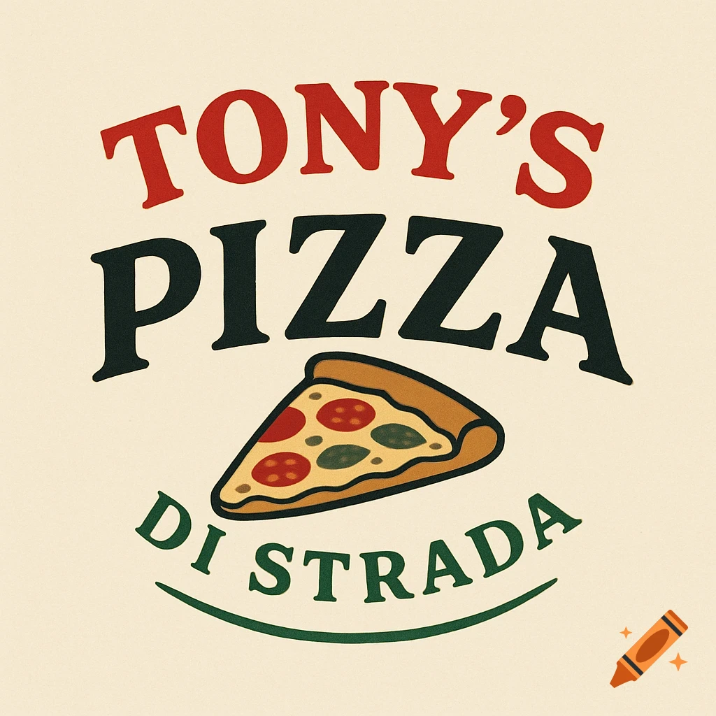 Logo for Tony's Pizza di Strada featuring a slice of pizza.