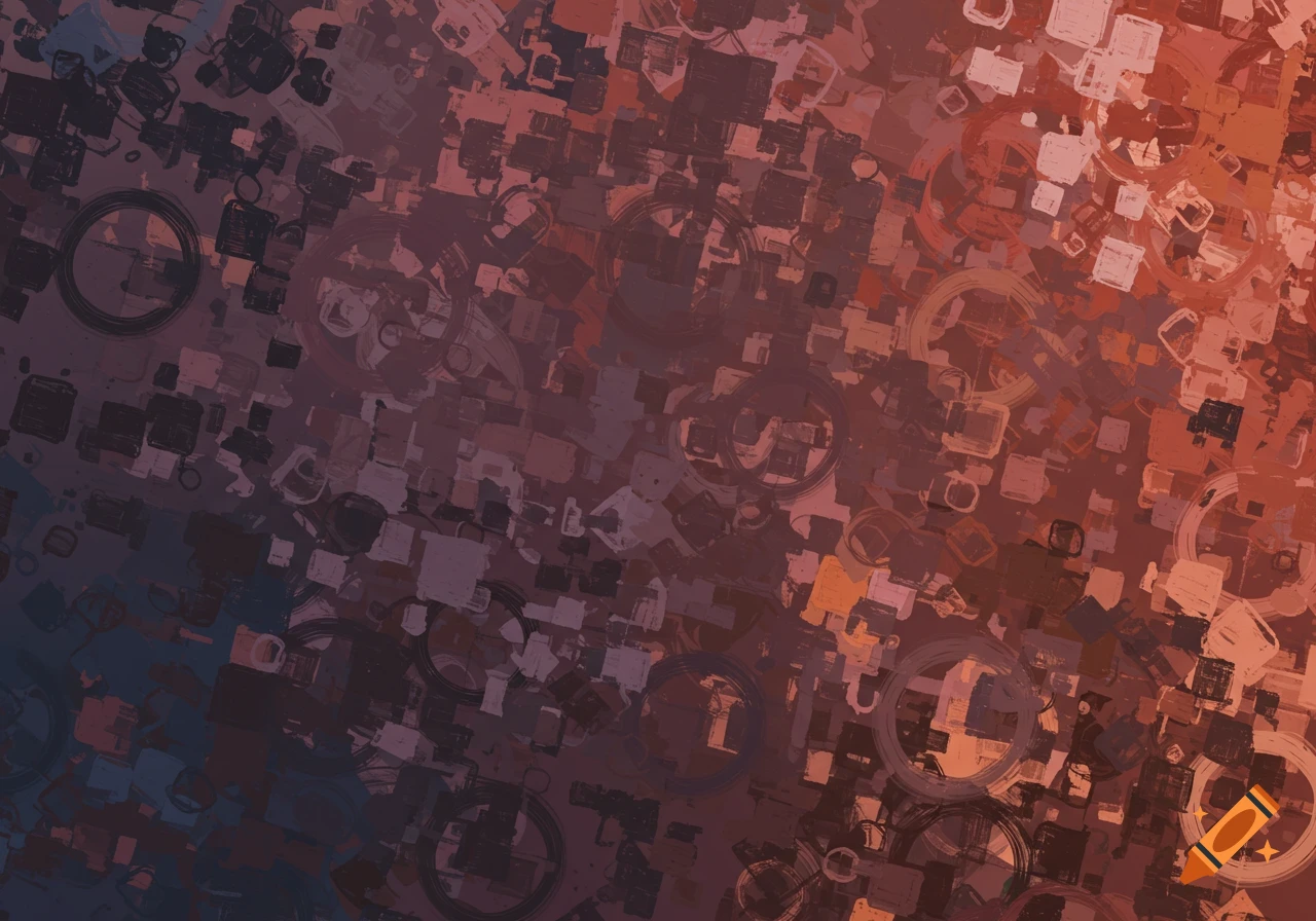 Abstract background of overlapping squares and circles in purple, red, and orange tones.
