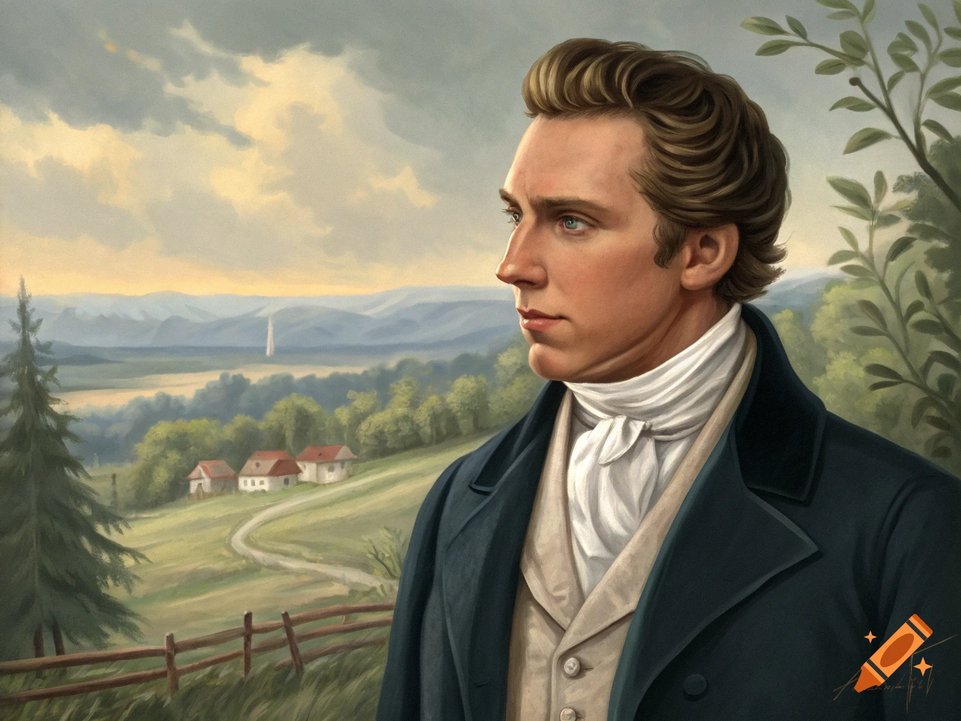 Painted portrait of a man in 19th-century attire against a rural landscape.