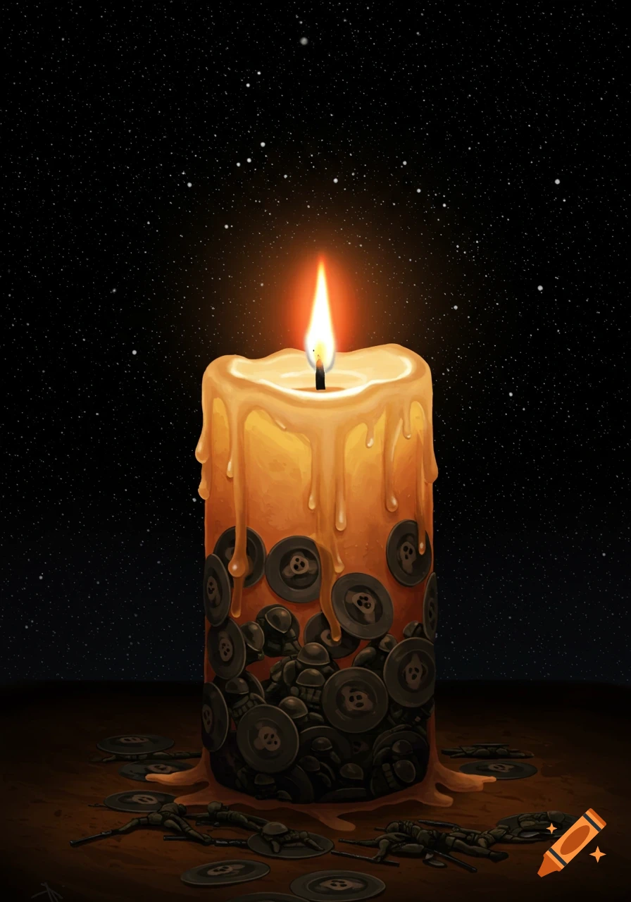 A lit candle filled with discs depicting skulls and surrounded by fallen soldier figures sits on a surface under a starry night sky.