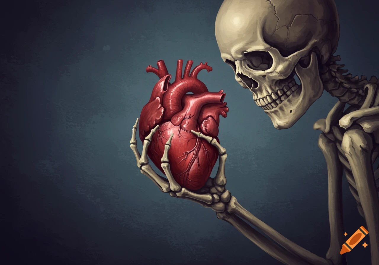 Skeleton figure holding a human heart in a dramatic and melancholy illustration.
