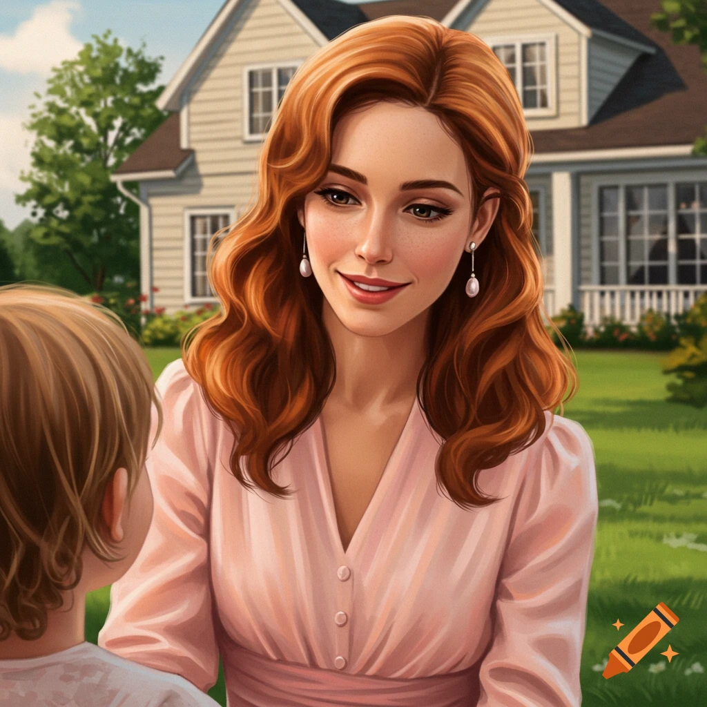 Illustrative image of a woman looking at a child outdoors with a house in the background.