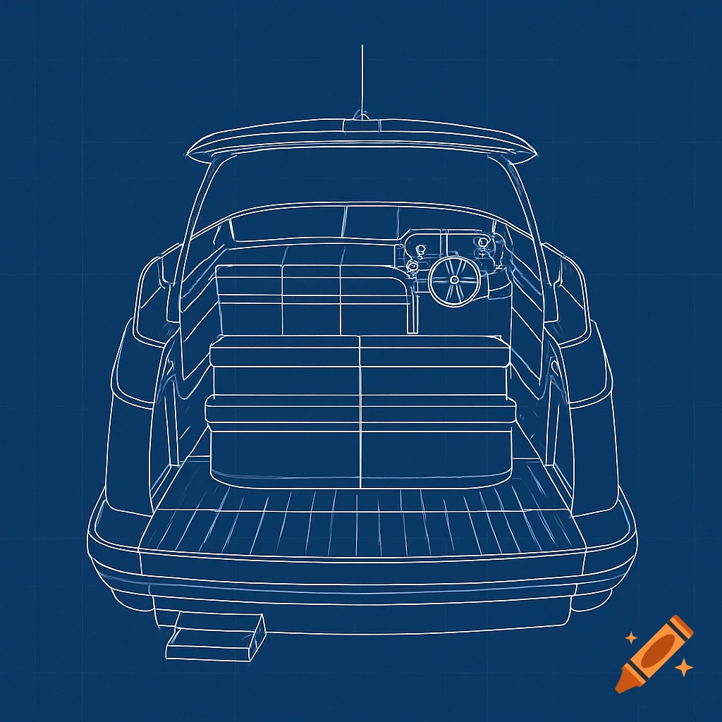 Blueprint drawing of the stern of a boat on a blue background.
